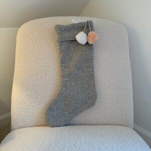 Gray and Pink Striped Christmas Stocking with Pom Poms